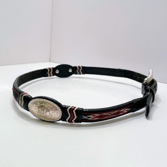 Justin Black Leather Thin Belt with Silver Conchos and Southwestern Embroidery main image 8